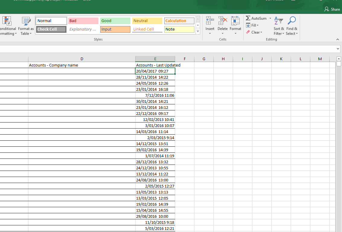 showing the time stamp in date field excel cell