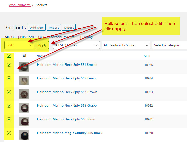 Bulk editing of product categories in woocommerce